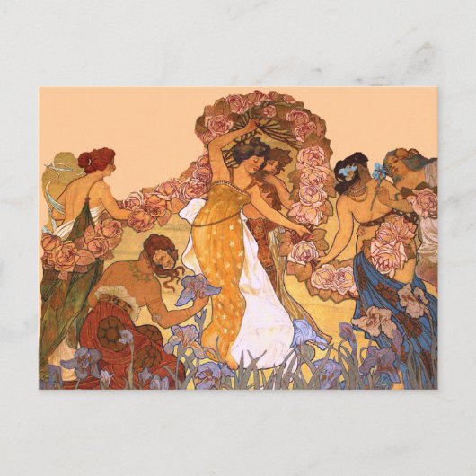 アール・ヌーヴォーの花の乙女たち ビンテージのムシャ風デザイン ポストカード (正面)