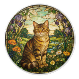 アール・ヌーヴォーステンドグラス風タビー猫 セラミックノブ