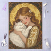 アール・ヌーヴォーデコパージュの美少女の猫の抱擁 薄葉紙 (クラフト)