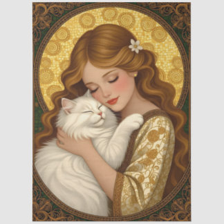 アール・ヌーヴォーデコパージュの美少女の猫の抱擁 薄葉紙