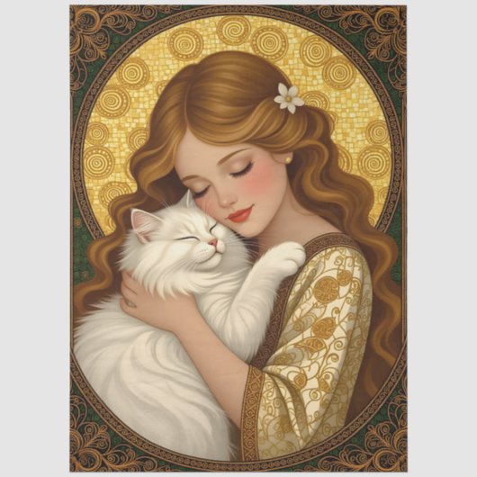 アール・ヌーヴォーデコパージュの美少女の猫の抱擁 薄葉紙 (正面)