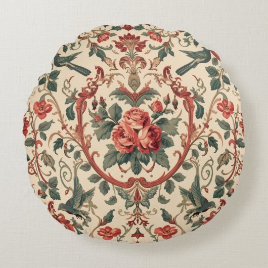 アール・ヌーヴォー様式のバラと鳥のデザイン ラウンドクッション (正面)