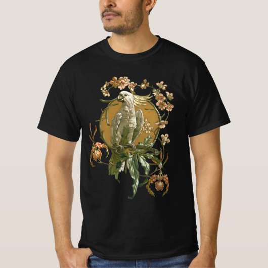 アール・ヌーヴォー様式のビンテージアート オウム 蘭の花 Tシャツ (正面)
