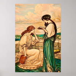 アール・ヌーヴォー様式のヴィンテージアート 海辺で読書する女性たち ポスター
