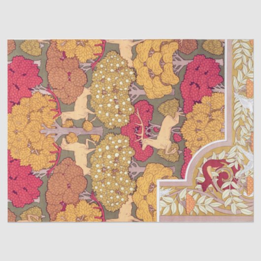 アール・ヌーヴォー様式の秋の木々と鹿 ビンテージの秋 薄葉紙 (正面)