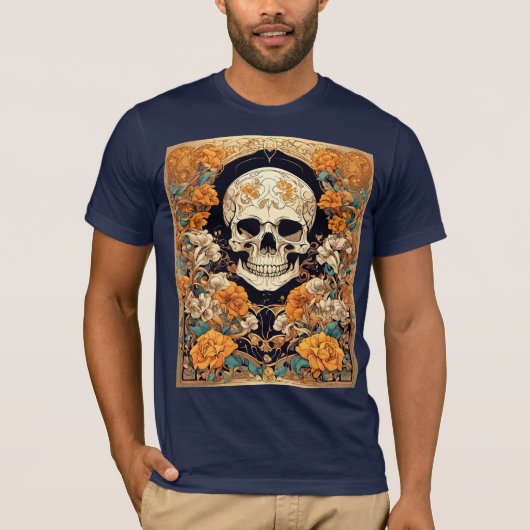 アール・ヌーヴォー様式の頭蓋骨を囲むオレンジ色のバラのデザイン Tシャツ (正面)