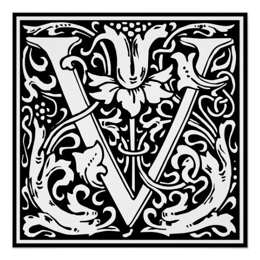 アール・ヌーヴォー様式のV字型中世モノグラム ポスター (正面)