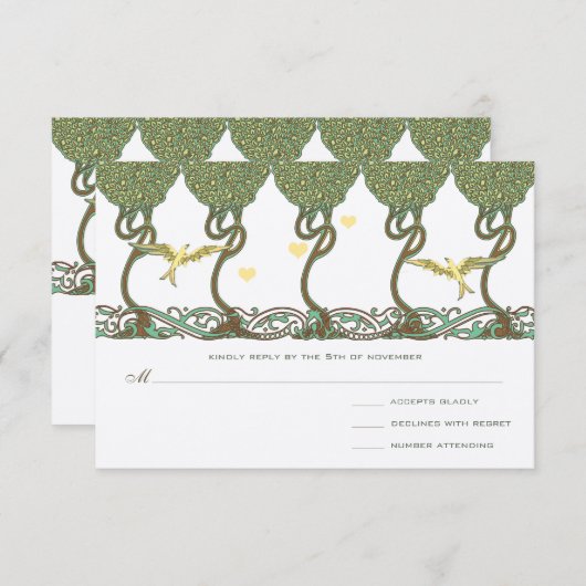 アール・ヌーヴォー調の森をイメージした、レトロな鳥のデザインが美しい結婚式の招待状です。 出欠カード (正面/裏面)