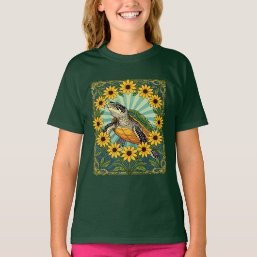 アール・ヌーヴォー風のヒメダカガメとルドベキアの花 Tシャツ (正面)