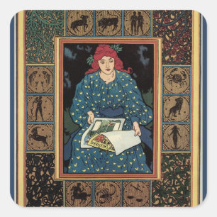 アール・ヌーヴォー風の古風なデザイン、占星術の本を読む女性 スクエアシール