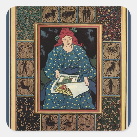 アール・ヌーヴォー風の古風なデザイン、占星術の本を読む女性 スクエアシール (正面)