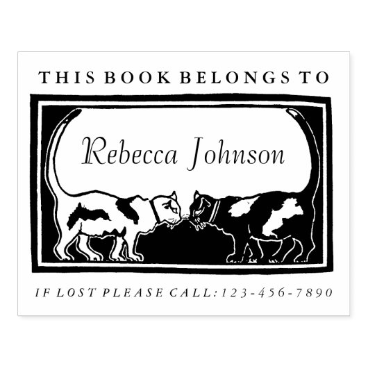 アール・ヌーヴォー風の猫の本ラベル ラバースタンプ (インプリント)