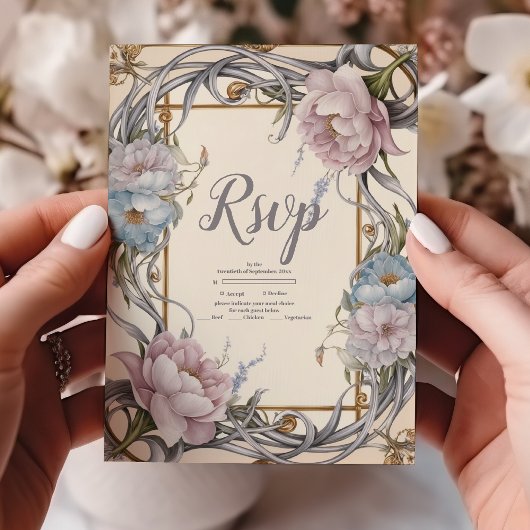 アール・ヌーヴォー風の花の紫色の結婚式 出欠カード
