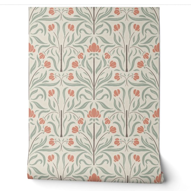 アール・ヌーヴォー風の花柄 Sage Green Terracotta Beige 壁紙 (ほどく)