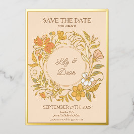 アール・ヌーヴォー風の華やかな箔押しフラワー Save the Date カード