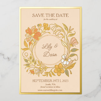 アール・ヌーヴォー風の華やかな箔押しフラワー Save the Date カード