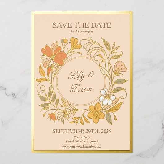 アール・ヌーヴォー風の華やかな箔押しフラワー Save the Date カード (正面)