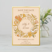 アール・ヌーヴォー風の華やかな箔押しフラワー Save the Date カード (立ち正面)