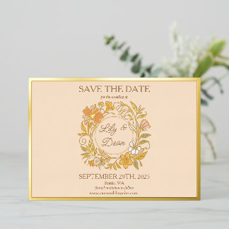 アール・ヌーヴォー風の華やかな箔押しフラワー Save the Date カード
