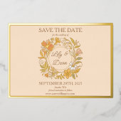 アール・ヌーヴォー風の華やかな箔押しフラワー Save the Date カード (正面)