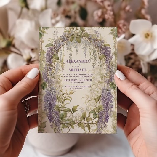 アール・ヌーヴォー風の藤の花のモチーフを使ったヴィンテージ風ウェディング 招待状