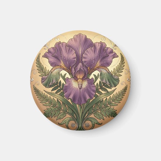 アール・ヌーヴォー風の装飾的な額縁に紫色のアヤメの花 マグネット (正面)