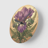 アール・ヌーヴォー風の装飾的な額縁に紫色のアヤメの花 ラウンド壁時計 (傾斜)