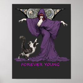 アール・ヌーヴォー風の魔法使いと猫のTシャツ Forever Young ポスター