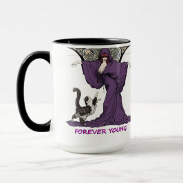 アール・ヌーヴォー風の魔法使いと猫のTシャツ Forever Young マグカップ