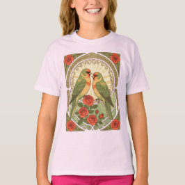 アール・ヌーヴォー風の鳥とバラのイラスト Tシャツ