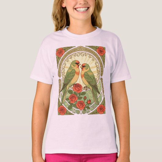 アール・ヌーヴォー風の鳥とバラのイラスト Tシャツ (正面)
