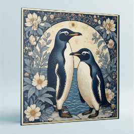 アール・ヌーヴォー アイスバード ペンギンのカップル 花柄 デコレーション タイル