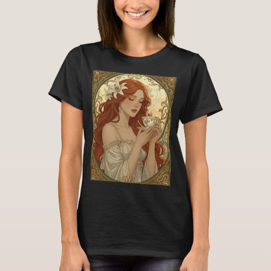 アール・ヌーヴォー コーヒーとユリの花 Tシャツ (正面)