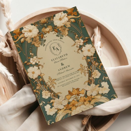 アール・ヌーヴォー ゴールド ボタニカル アーチ ウェディング 招待状