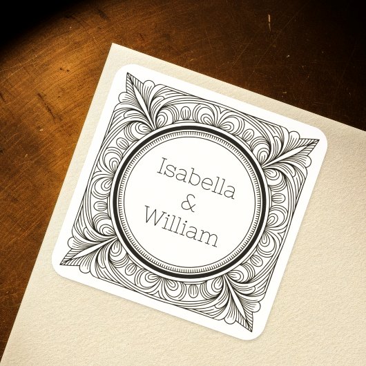 アール・ヌーヴォー・スタイルのカップル名ラベル スクエアシール