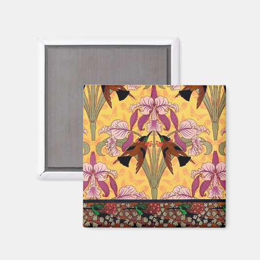 アール・ヌーヴォー・スタイルのハミングバードと花のタイルパターン マグネット (正面/裏面)