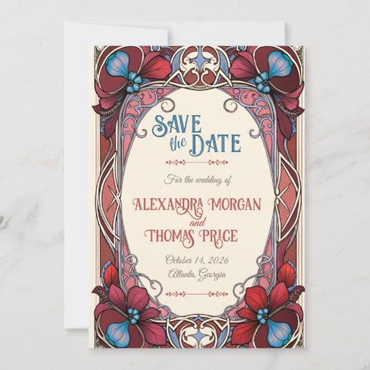 アール・ヌーヴォー・スタイルのフラワーセーブ・ザ・デートカード セーブザデート (正面)