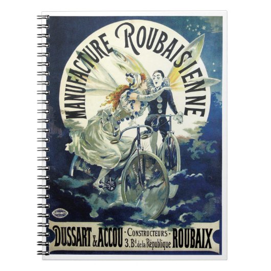 アール・ヌーヴォー・スタイルのヴィンテージ妖精、 自転車のピエロ 月夜 ノートブック (正面)