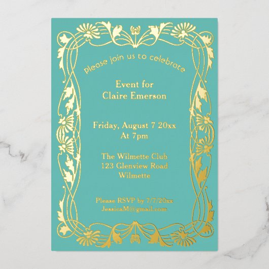 アール・ヌーヴォー・スタイルの花柄フレーム 箔招待状 (正面)
