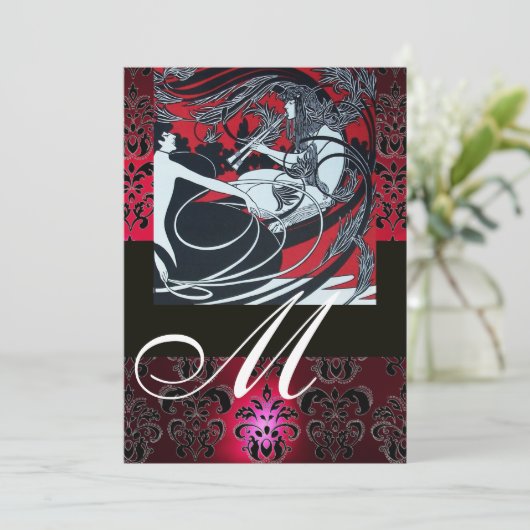 アール・ヌーヴォー・スタイルの赤と黒と白のダマスク柄モノグラム（ルビー） 招待状 (スタンド正面)