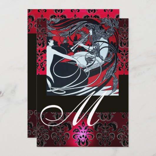 アール・ヌーヴォー・スタイルの赤と黒と白のダマスク柄モノグラム（ルビー） 招待状 (正面/裏面)