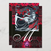 アール・ヌーヴォー・スタイルの赤と黒と白のダマスク・モノグラム、ルビー 招待状 (正面/裏面)