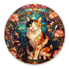 アール・ヌーヴォー ステンドグラス風 三毛猫 セラミックノブ
