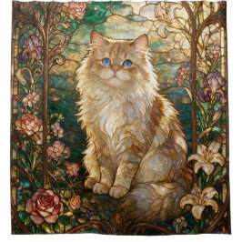 アール・ヌーヴォー ステンドグラス ペルシャ猫 シャワーカーテン
