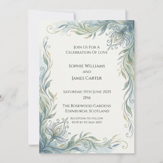 アール・ヌーヴォー・ターコイズゴールド・ボタニカル・ツタの結婚式 招待状 (正面)
