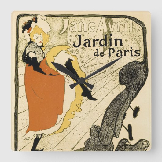 アール・ヌーヴォー ダンサー ジェーン・アヴリル by トゥールーズ・ロートレック スクエア壁時計 (正面)