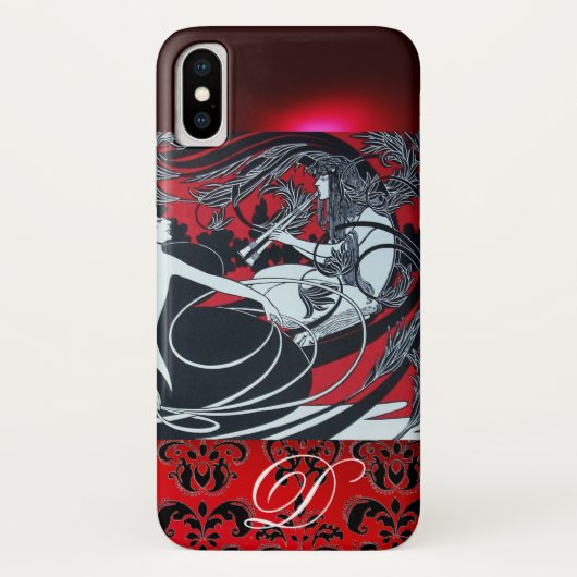 アール・ヌーヴォー パン、赤黒白ダマスクモノグラム Case-Mate iPhoneケース (裏面)
