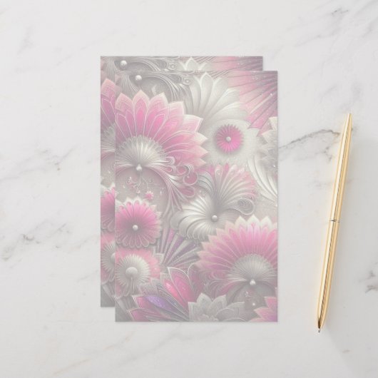 アール・ヌーヴォー ピンクとシルバーの扇子 便箋 (正面/裏面インサイチュ)