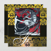 アール・ヌーヴォー レッド ブラック イエロー ホワイト ダマスク モノグラム 招待状 (正面/裏面)