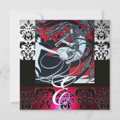 アール・ヌーヴォー レッド ブラック グレー シルバー ダマスク モノグラム 招待状 (正面)